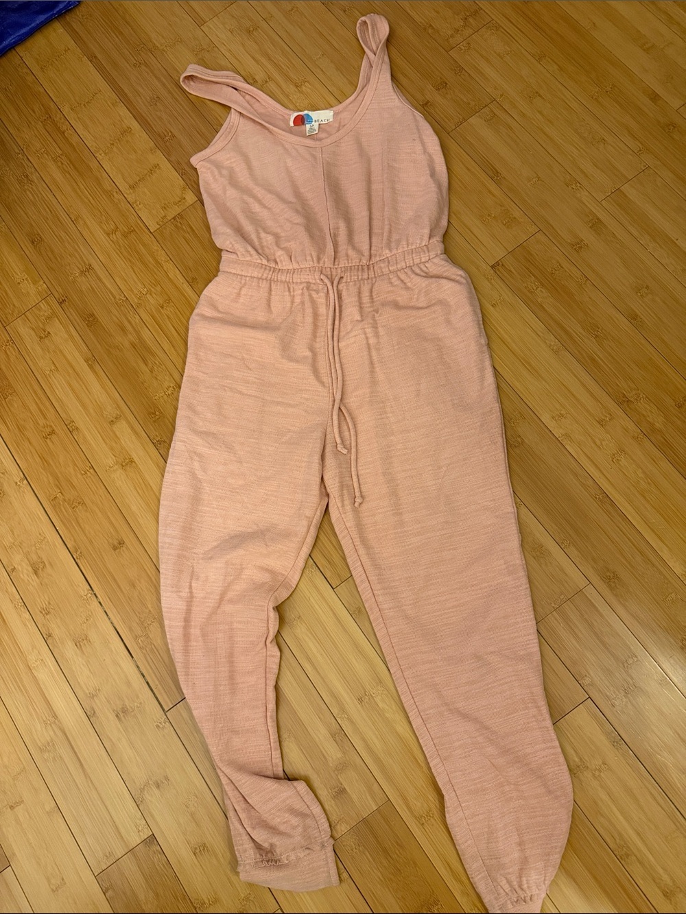 Sleeveless Blush Pink Knit Jumpsuit with Elastic Waist and Drawstring